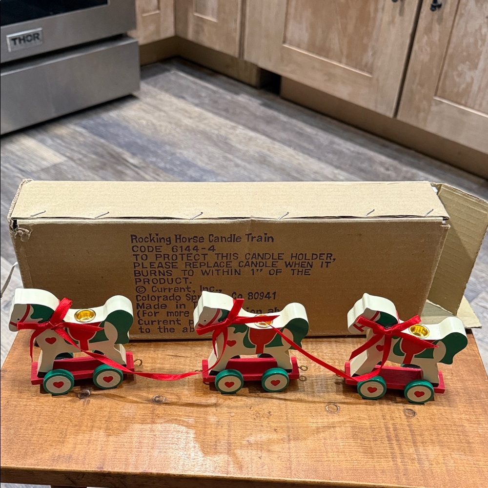 Festive Wooden Rocking Horse Candle Train - Red and Green